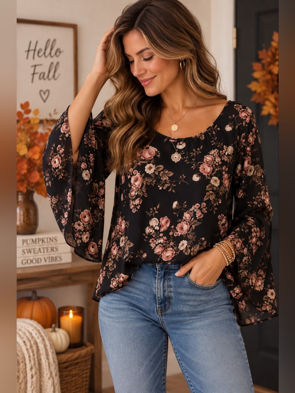 HIP Floral Bell Sleeve Boho Blouse Women's Black Pink Peasant Top Medium